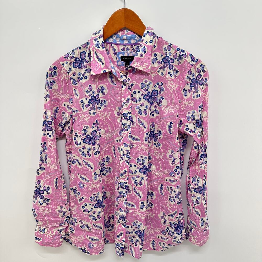 TALBOTS Floral Classic Cotton Button Down Shirt in Pink Magic Floral // M